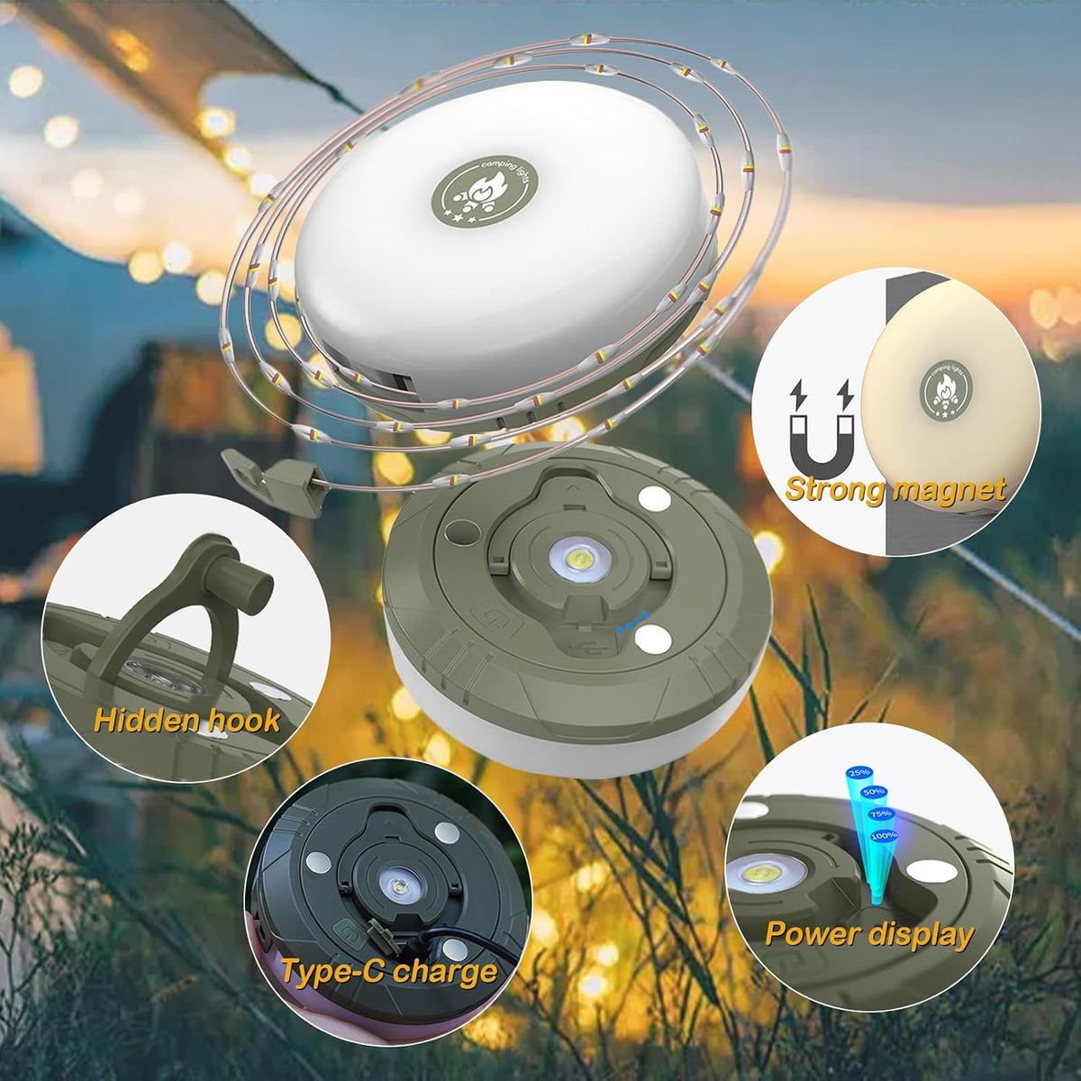 Camping String Light, 4 in 1 Outdoor String Light with 8 Lighting Modes(32Ft), for hiking, camping, and home decor