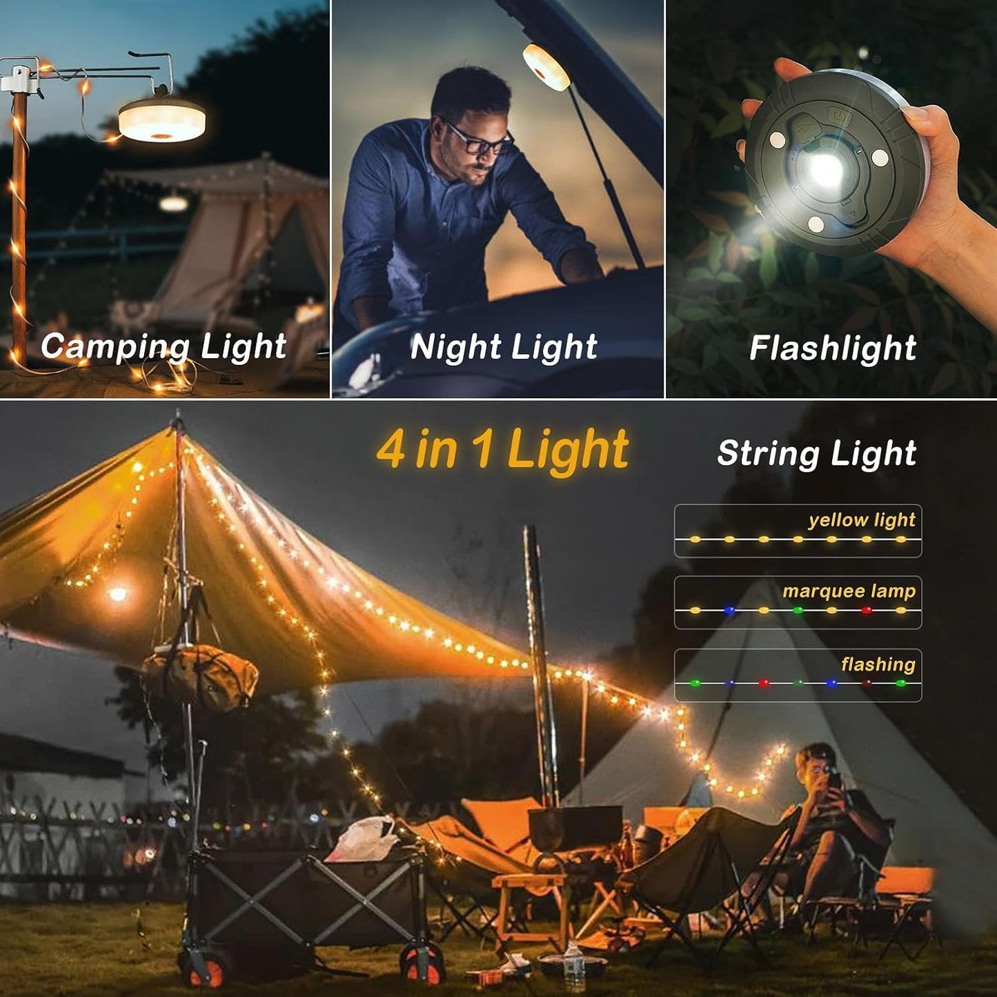 Camping String Light, 4 in 1 Outdoor String Light with 8 Lighting Modes(32Ft), for hiking, camping, and home decor