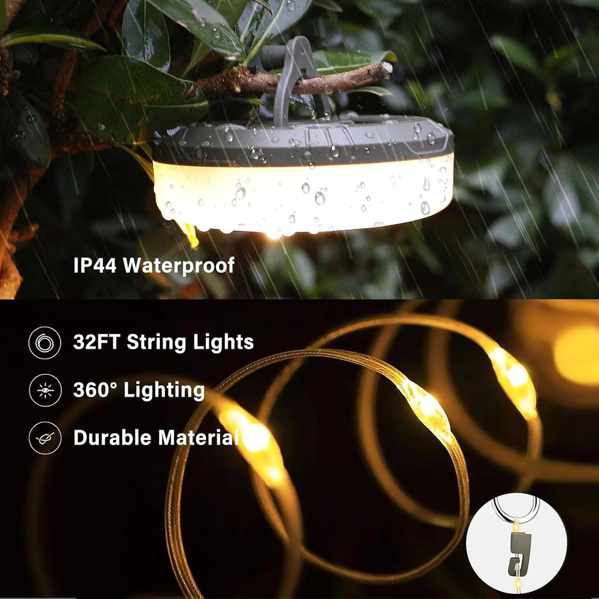 Camping String Light, 4 in 1 Outdoor String Light with 8 Lighting Modes(32Ft), for hiking, camping, and home decor